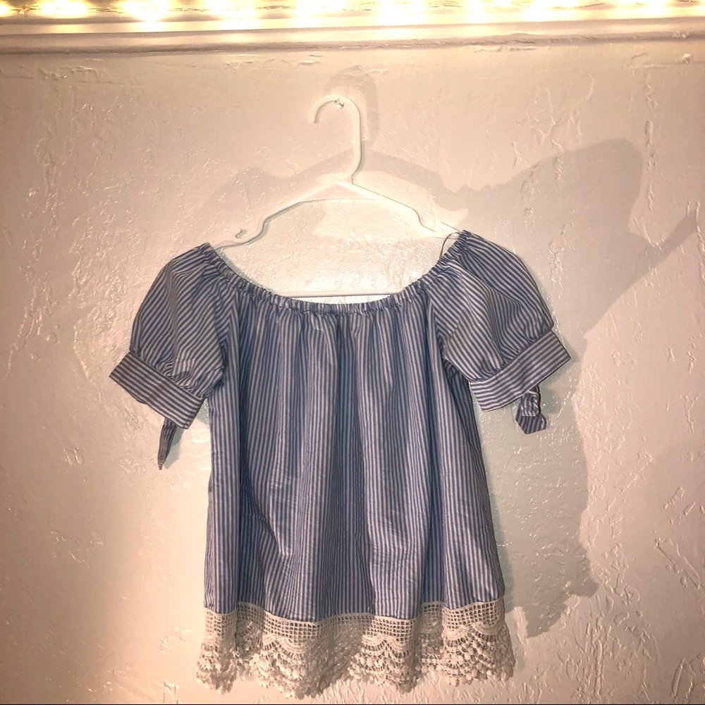 ✨ blue and white striped off the shoulder blouse